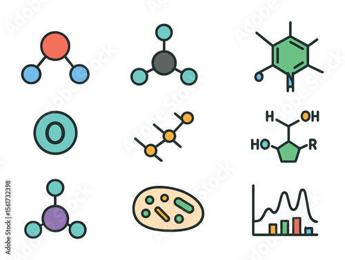 Extraterrestrial Biosignatures Icons. Flat icon set of extraterrestrial biosignatures: water molecule, methane