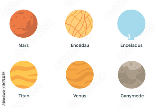 Astrobiology Planetary Icons. Flat icon set of planets and moons in astrobiology: Mars, Europa, Enceladus,