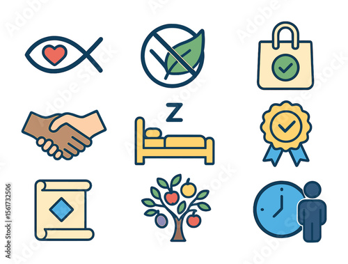 Christian Ethics Icons. Flat icon set of Christian ethical living: fish symbol with heart, no-waste sign,