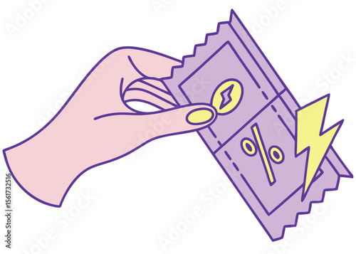 Hand holding a discount coupon with energy symbol and percentage sign promotional vector illustration