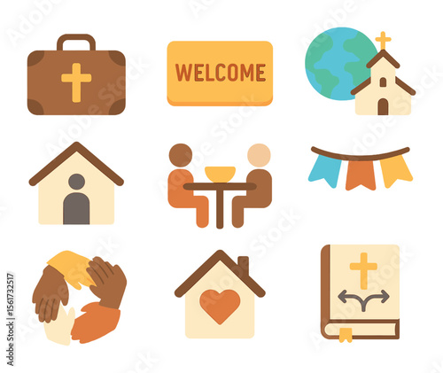 Christian Refugee Support Icons. Flat icon set of Christian support for refugees: suitcase with cross, welcome