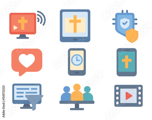 Digital Faith Icons. Flat icon set of digital evangelism and media ethics: live stream cross, online Bible
