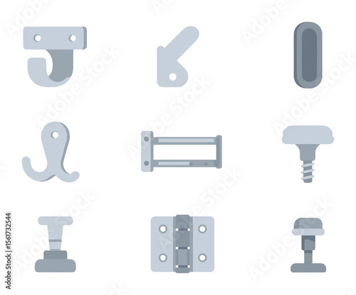 Wardrobe Hardware Icons. Flat icon set of wardrobe and closet hardware: hanging rod bracket, shelf support pin
