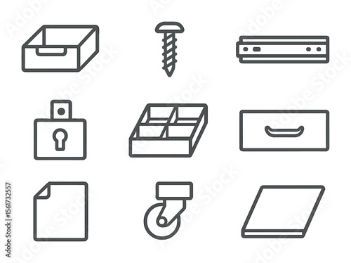 Drawer Components Icons. Flat icon set of drawer and storage components: drawer box, handle mount screw, rail