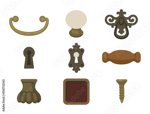 Vintage Drawer Icon Set. Flat icon set of vintage drawer accessories: brass handle, porcelain knob, filigree