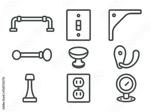 Interior Hardware Icons. Flat icon set of interior design hardware: drawer handle, light switch cover, shelf