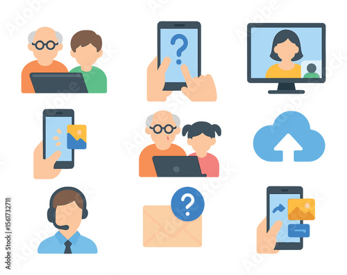 Digital Collaboration Icons. Flat icon set of digital collaboration between generations: tablet with elder and