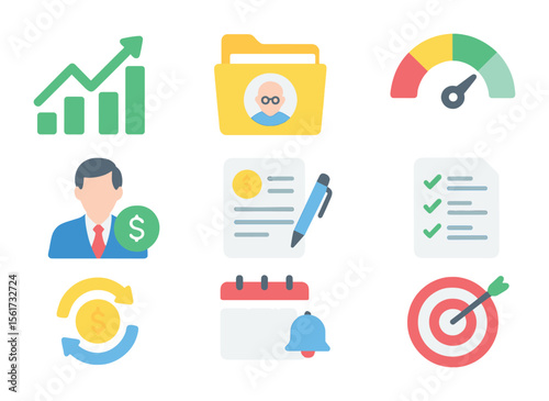 Financial Planning Icons. Flat icon set of financial planning: investment chart, retirement plan folder,
