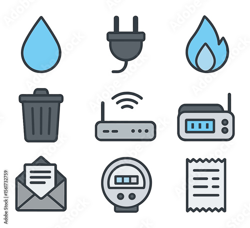 Utility Icons Grid. Flat icon set of utility bills: water drop, electricity plug, gas flame, trash bin, Wi-Fi
