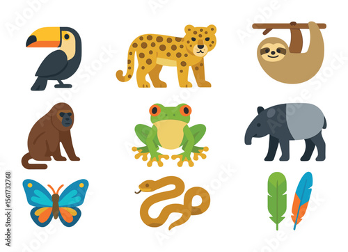 Jungle Animals Icons. Flat icon set of jungle and rainforest animals: toucan, jaguar, sloth, howler monkey,