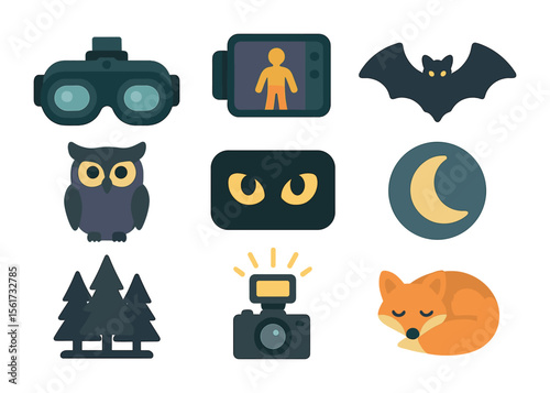 Night Wildlife Icons. Flat icon set of night-time wildlife photography: night vision goggles, thermal camera,