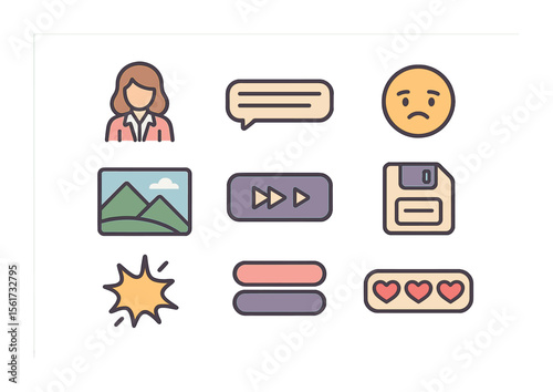 Visual Novel Elements. Flat icon set of visual novel elements: character sprite, text box, emotion icon, scene