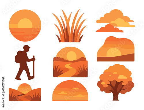 Golden Hour Trail Icons. Flat icon set of golden hour trail scenes: orange sunlight, tall grass, glowing