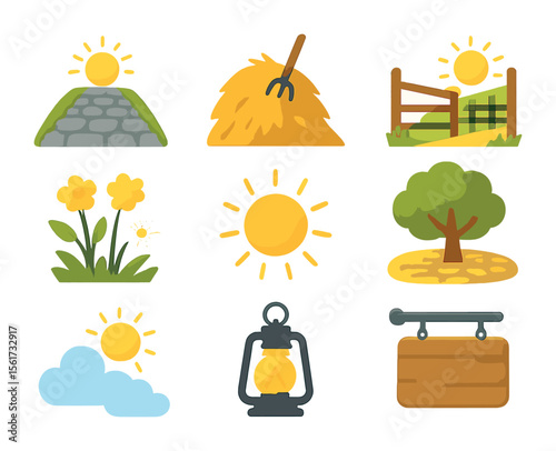 Rural Pathway Icons. Flat icon set of rural pathways and sunshine: cobblestone road, haystack, open gate,