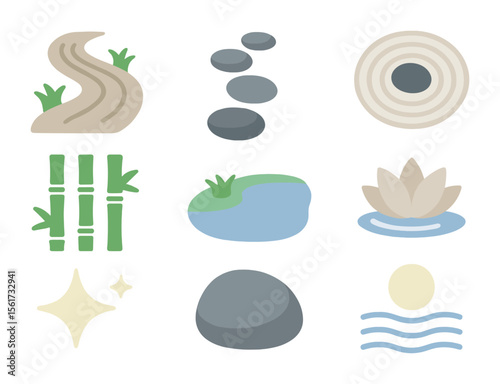 Meditative Path Icons. Flat icon set of meditative walking paths: zen garden path, stepping stones, raked
