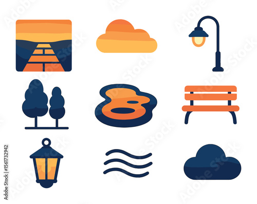 Reflective Walkway Icons. Flat icon set of reflective walkways at dusk: paved path glow, orange sky,