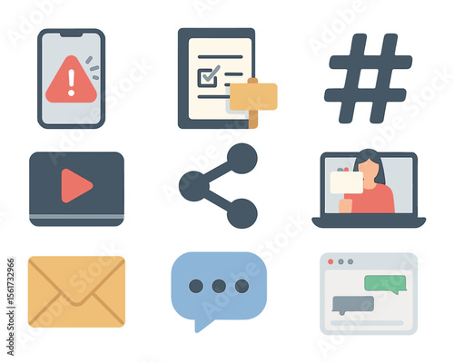 Digital Activism Tools Icons. Flat icon set of digital activism tools: smartphone alert, online petition,