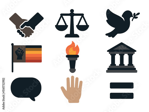 Civil Rights Icons. Flat icon set of civil rights movement symbols: linked arms, justice scale, peace dove,