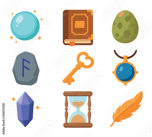 Magical Artifacts Icons. Flat icon set of magical artifacts and relics: glowing orb, ancient book, dragon egg,