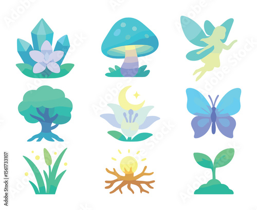 Magical Flora Fauna Icons. Flat icon set of magical flora and fauna: crystal flower, glowing mushroom,