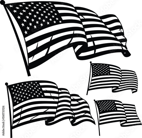Waving American Flags Black White Graphic Design stars stripes