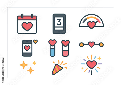 Romantic Milestone Icons. Flat icon set of relationship countdowns and milestones: heart calendar, days