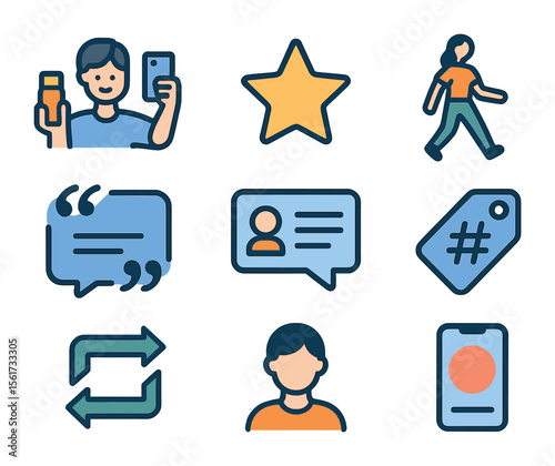 UGC Icon Set. Flat icon set of UGC (user-generated content): selfie with product, review star, candid