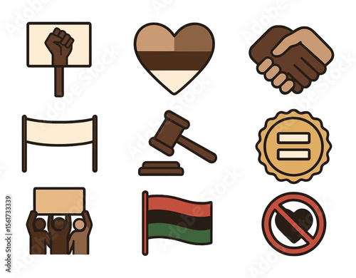 Racial Justice Icons. Flat icon set of racial justice and equity: Black Lives Matter sign, skin tone heart,