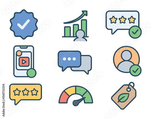 Influencer Trust Icons. Flat icon set of influencer trust and credibility: verified badge, follower engagement