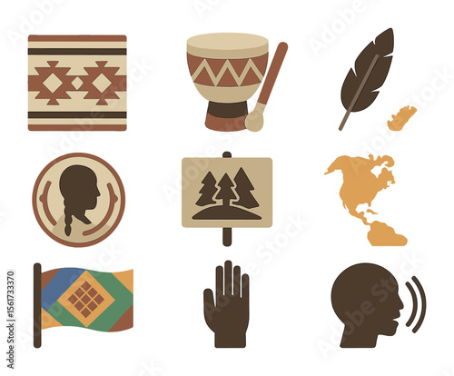 Indigenous Rights Icon Set. Flat icon set of indigenous rights movement: tribal pattern icon, cultural drum,