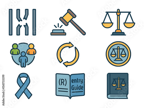 Justice Reform Icons. Flat icon set of prison and justice reform: prison bars with break, gavel with reform