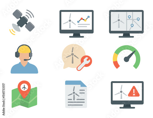 Wind Farm Control Icons. Flat icon set of wind farm operations control: satellite link, live data feed,
