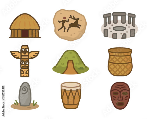Indigenous Cultural Icons. Flat icon set of indigenous cultural sites: tribal hut, rock painting, ceremonial