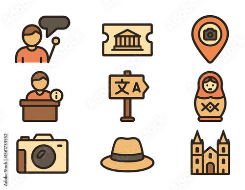 Heritage Tourism Icons. Flat icon set of heritage tourism: guided tour icon, cultural ticket, photo point,