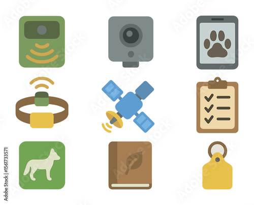 Invasive Species Detection Icons. Flat icon set of invasive species detection tools: motion sensor, remote