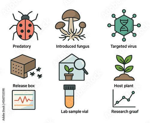Biocontrol Icon Grid. Flat icon set of biological control strategies: predatory insect, introduced fungus,