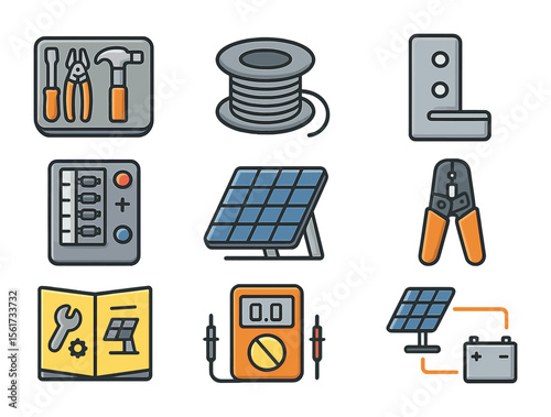 Off-Grid Kit Icons. Flat icon set of DIY off-grid kits: tool set, wire spool, mounting bracket, fuse box,
