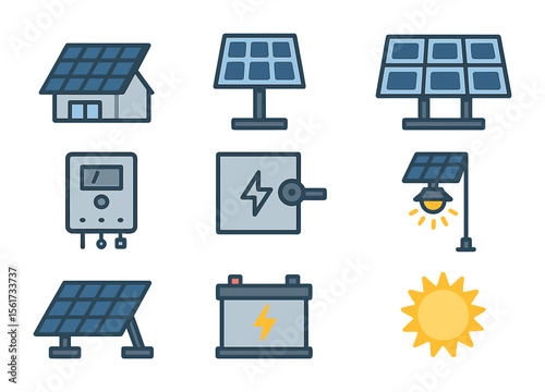 Solar Energy Icons. Flat icon set of solar-based off-grid systems: rooftop solar panel, solar tracker, PV cell