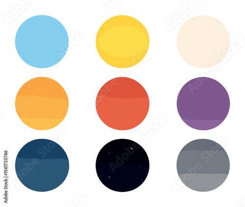 Sky Colors Icon Grid. Flat icon set of sky color changes: early blue, warm yellow, afternoon white, orange