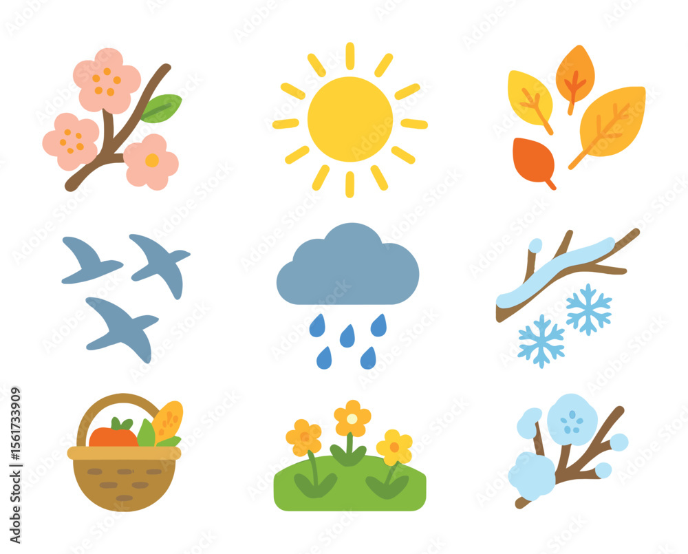 Naklejka premium Seasonal Nature Icons. Flat icon set of seasonal nature scenes: spring blossoms, summer sun, autumn leaves,