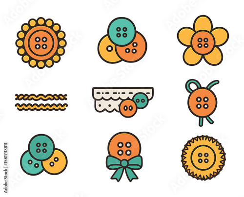Textile Button Icons. Flat icon set of textile embellishment with buttons: beaded button, sequin and button