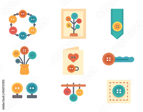 Creative Button Icons. Flat icon set of creative button uses: button bracelet, button art, fabric bookmark