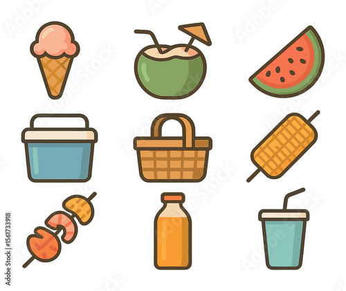 Beachside Food Icons. Flat icon set of beachside food and drinks: ice cream cone, coconut drink, watermelon