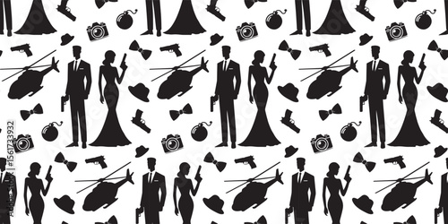 Seamless pattern Agent or spy silhouette set
