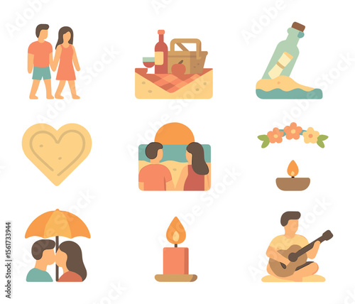 Romantic Beach Icons. Flat icon set of romantic beach activities: couple walking, beach picnic, message in
