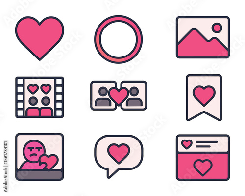 Social Media Love Icons. Flat icon set of love in social media: heart reaction, story highlight ring, tagged
