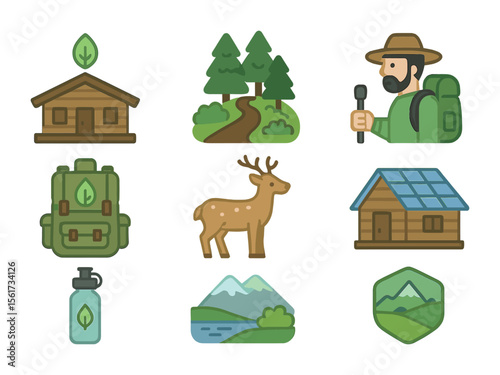 Ecotourism Icon Set. Flat icon set of ecotourism in remote or untouched ecosystems: eco-lodge, forest trail,