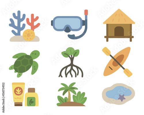Island Ecotourism Icons. Flat icon set of island-based ecotourism: coral reef icon, snorkeling mask, bamboo