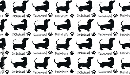 Seamless pattern Dachshund Dog, paw silhouette.