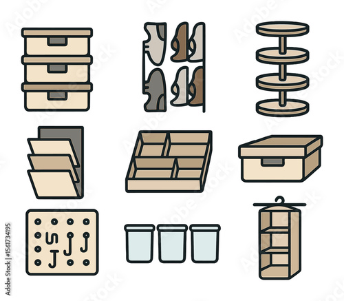 Home Organization Icons. Flat icon set of unique home organization systems: labeled storage bins, vertical